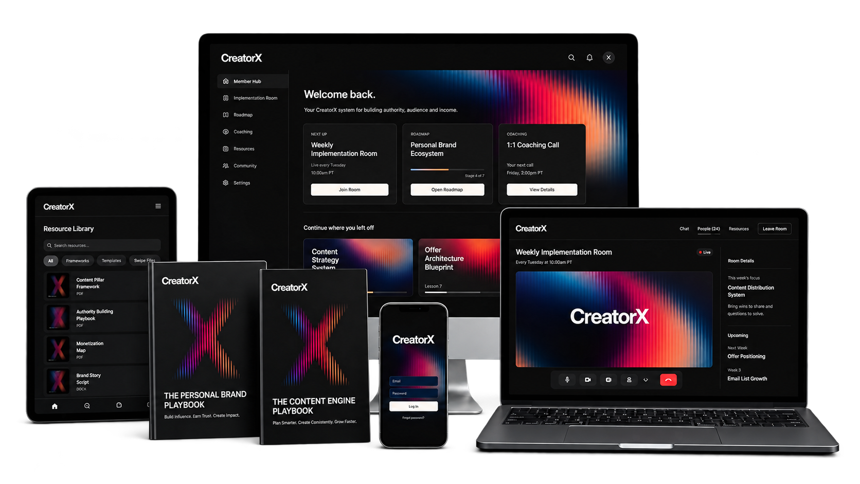 CreatorX member hub, implementation room and resource library shown across devices
